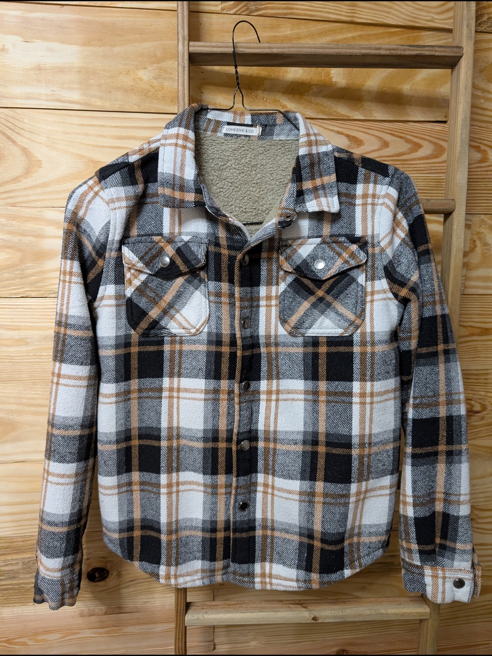 Sherpa-Lined Plaid Button-Down Shirt Jacket - White, Black & Brown